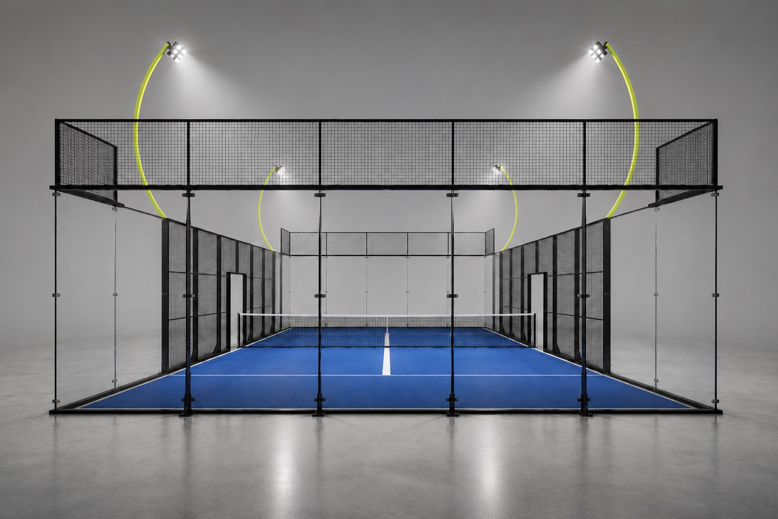 Cancha de pádel clásica vista frontal — cristales templados perimetrales 10 mm, postes metálicos negros, piso azul y aros LED amarillos, estilo estadio profesional
